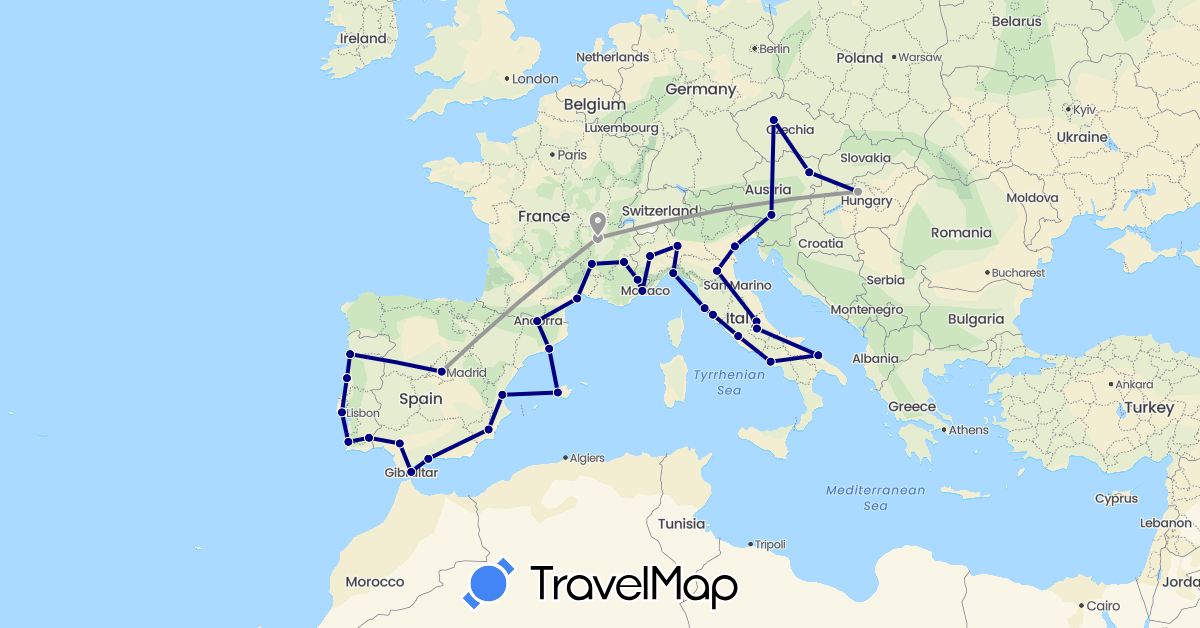 TravelMap itinerary: driving, plane in Andorra, Austria, Czech Republic, Spain, France, Gibraltar, Hungary, Italy, Portugal (Europe)