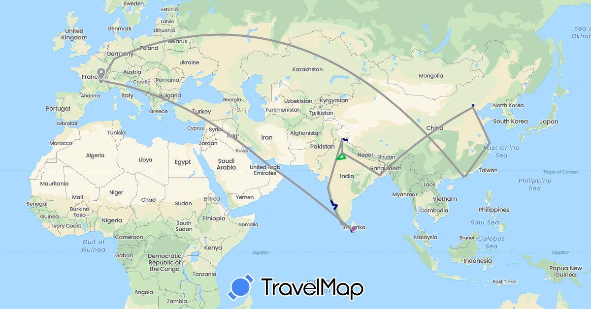 TravelMap itinerary: driving, bus, plane, train, motorbike in United Arab Emirates, China, Germany, France, Hong Kong, India, Sri Lanka, Macau (Asia, Europe)