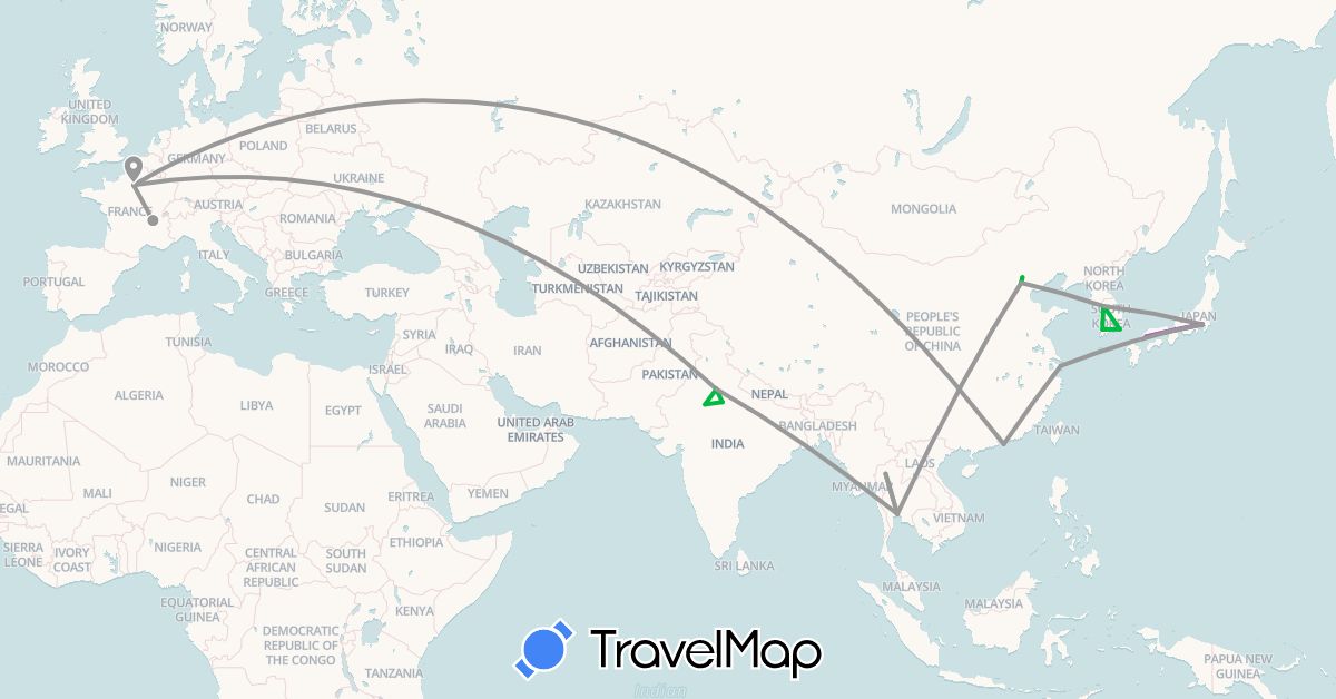 TravelMap itinerary: driving, bus, plane, train in China, France, Hong Kong, India, Japan, South Korea, Thailand (Asia, Europe)